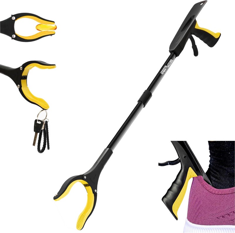 GrabRunner 32 inch Folding Reacher Grabber Tool with Strong Magnetic and Swivel Head & Shoehorn (Yellow) - Image 1